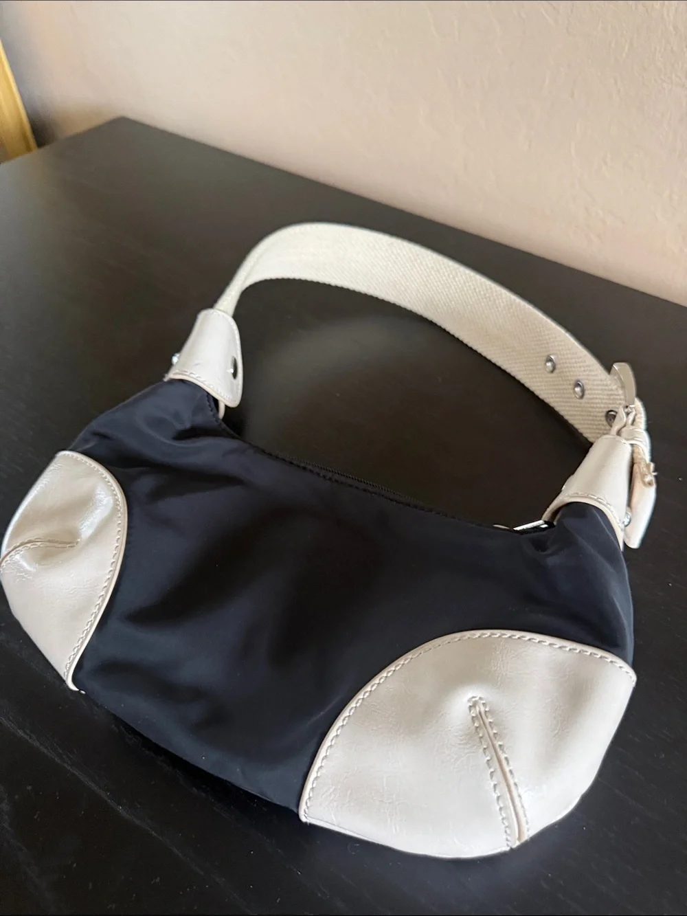 Brandy Melville Black White Nylon Vegan Leather Trim Shoulder Bag Y2K Hobo